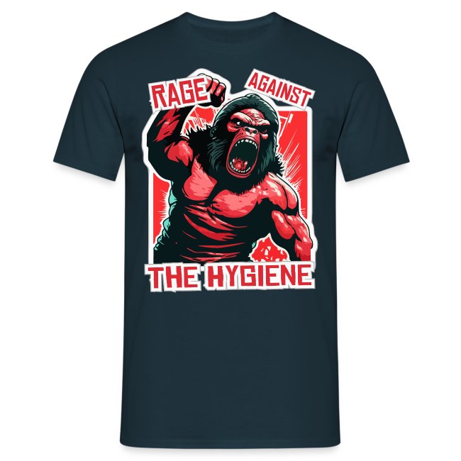 Eye-catching black T-shirt featuring a muscular gorilla in a dynamic pose with red and white accents, text overlay reading RAGE AGAINST THE HYGIENE.