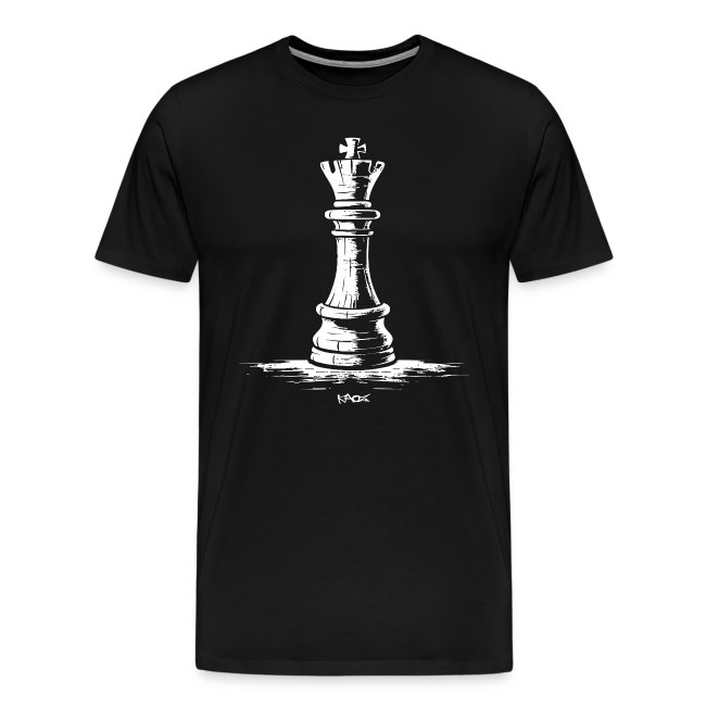 Black T-shirt featuring a white illustration of a chess king piece, emphasizing its crown and base, perfect for chess enthusiasts and casual wear.