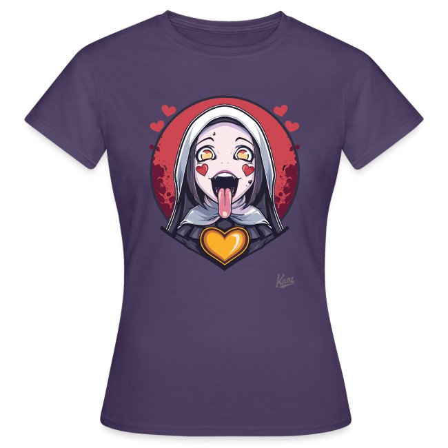 Purple t-shirt featuring a playful cartoon nun with large eyes and a tongue sticking out, surrounded by heart shapes and an orange heart, perfect for casual wear.