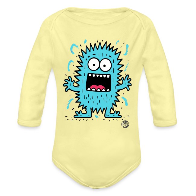 A cartoonish blue monster with large eyes and an open mouth on a bright yellow background, designed for a children's long-sleeved bodysuit.