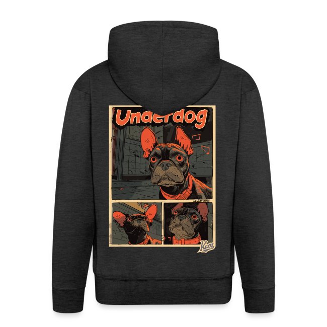 Black hoodie featuring a colorful cartoon illustration of a French Bulldog with the word 'Underdog' and various dog expressions.