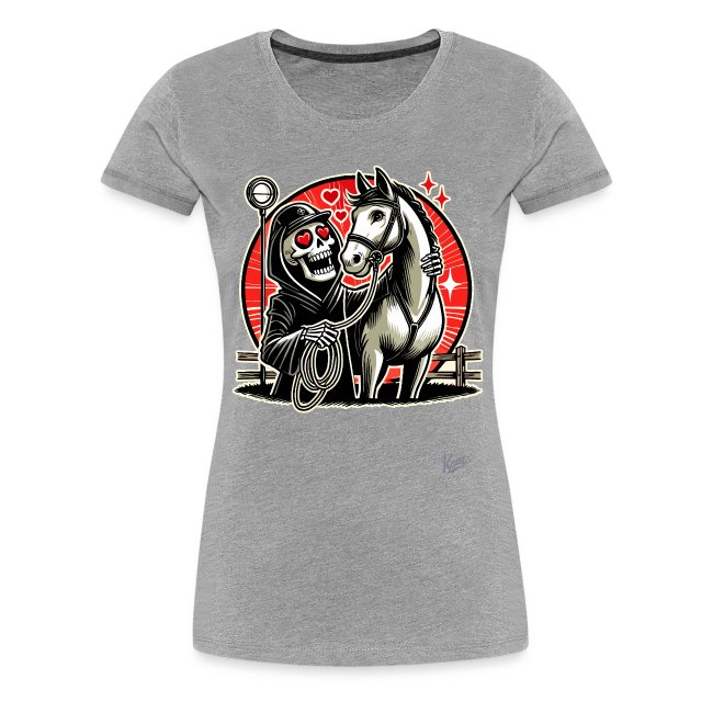 Gray short-sleeve t-shirt featuring a colorful graphic of a playful skeleton with heart-shaped eyes next to a friendly horse, set against a bold red circle.