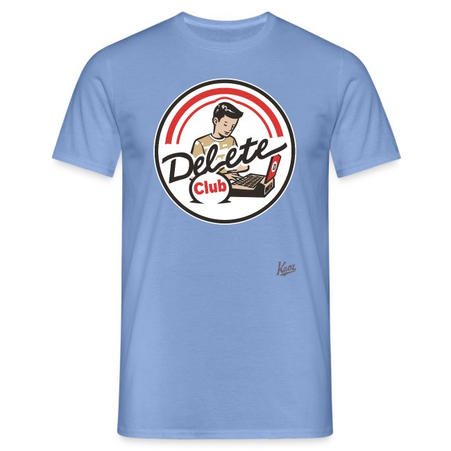 Light blue t-shirt with a vintage-style illustration of a character working on a laptop, featuring the text 'Delete Club' and playful red stripes.