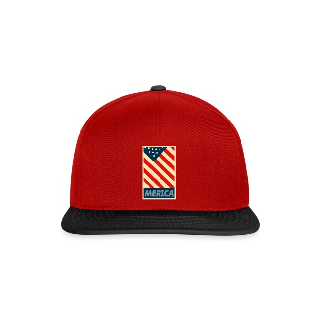 Stylish red snapback hat featuring a black brim and a bold American flag design with 'MERICA' text, perfect for showcasing national pride.