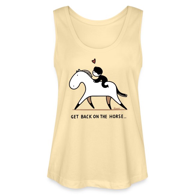Light yellow tank top featuring an illustration of a person sitting on a white horse with a heart above their head and the text 'GET BACK ON THE HORSE..' for motivational and humorous casual wear.