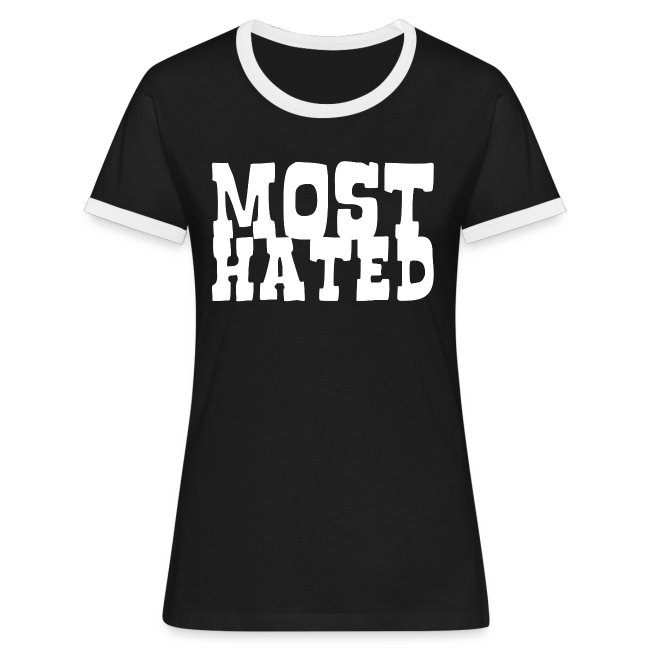 Short-sleeved black t-shirt featuring the bold white text 'MOST HATED' in a playful distressed font, with a rounded neckline and contrasting white trim, perfect for edgy fashion statements.