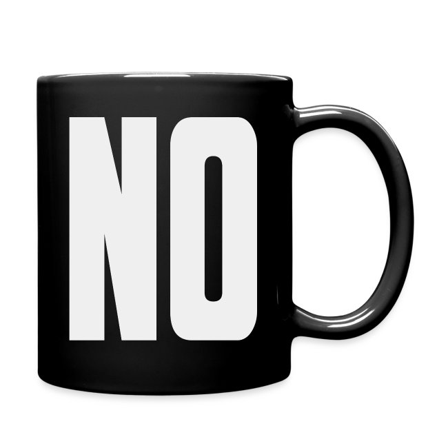 Black coffee mug featuring a bold white 'NO' design, perfect for coffee and tea lovers