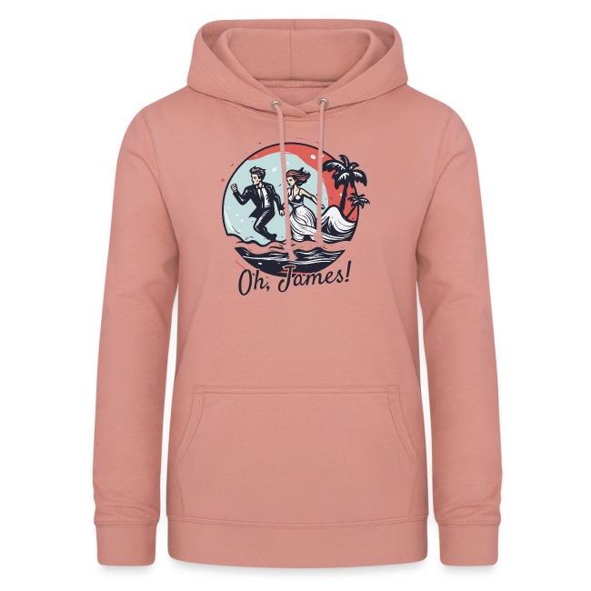 Pink hoodie featuring a whimsical graphic design of a bride and groom running on a beach with palm trees and a moon, labeled 'Oh, James!'