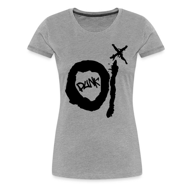 Grey t-shirt featuring a bold black ' Oi PUNK' graffiti design and a striking graphic cross-like shape, perfect for punk culture enthusiasts.