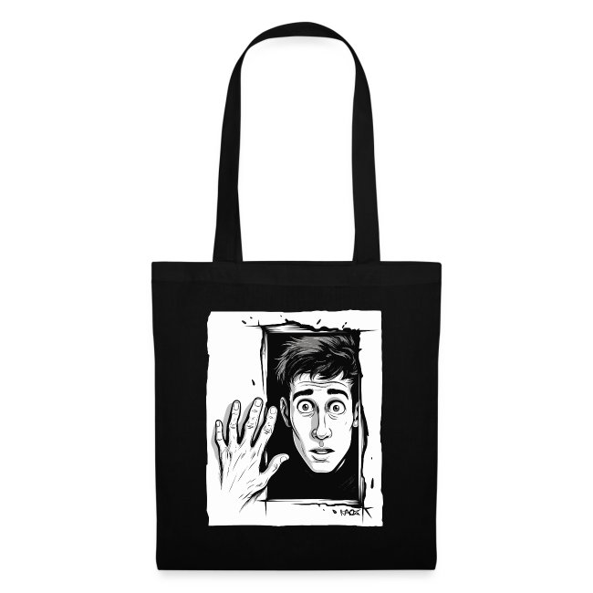 Black tote bag featuring a black-and-white illustration of a man trapped behind a torn hole, reaching out with a frightened expression.