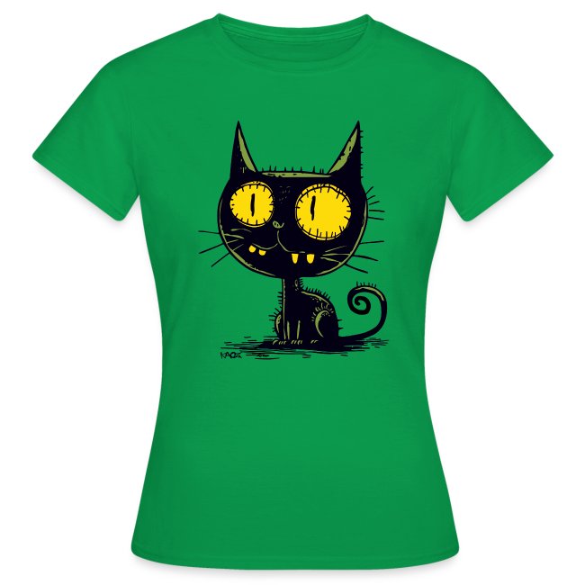 A playful green T-shirt featuring a whimsical cartoon cat with large yellow eyes, sharp teeth, and a mischievous smile, perfect for cat lovers.