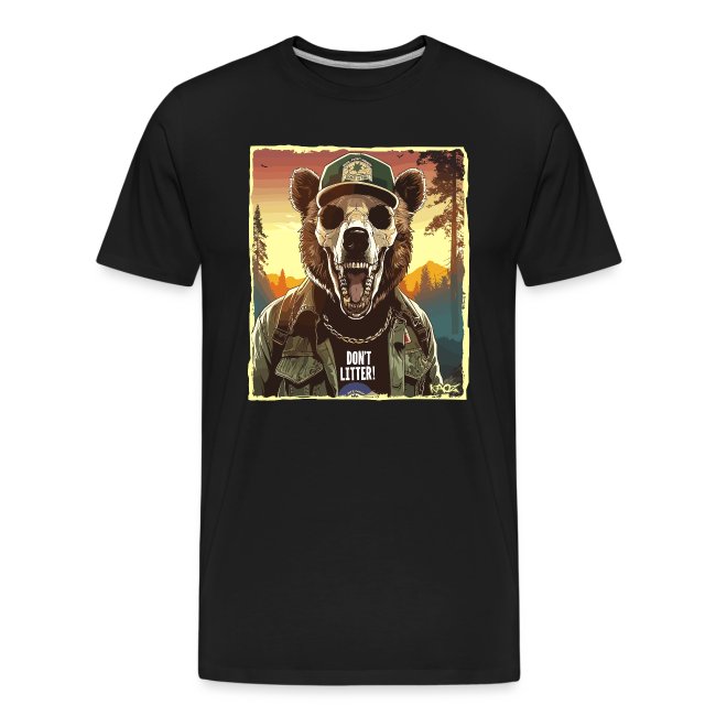 Black t-shirt featuring a bear wearing sunglasses and a cap with a serious expression, holding a sign that says 'DON'T LITTER!' against a colorful sunset backdrop of trees and mountains.