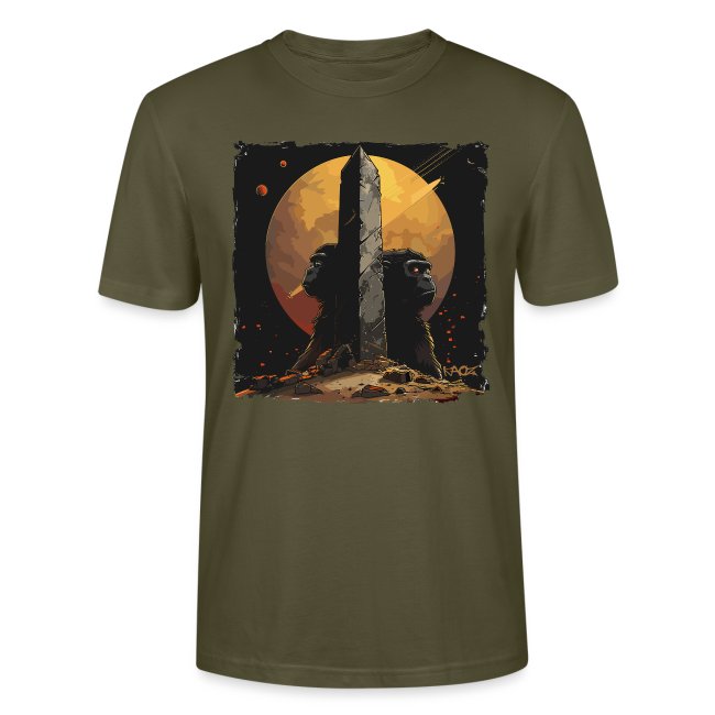 Olive green t-shirt featuring a surreal design of two stylized apes and an obelisk against an orange moon backdrop, perfect for sci-fi fans.