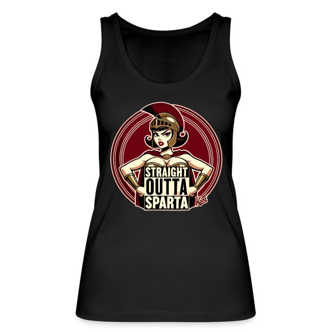 Black tank top with stylized Spartan warrior graphic and 'Straight Outta Sparta' text