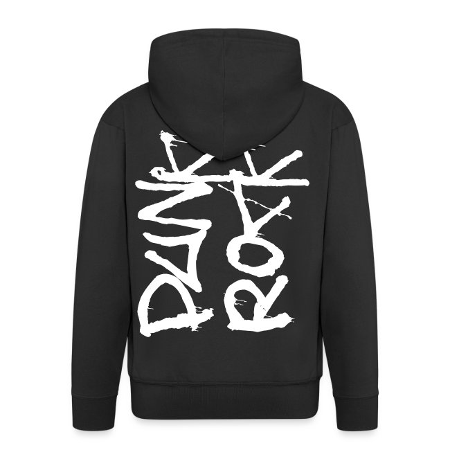 Black hoodie featuring a large distressed white graphic text 'PUNK ROCK' on the back, showcasing a rebellious punk culture aesthetic.