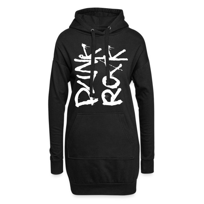 A stylish black hoodie dress featuring the phrase 'PUNK ROCK' in bold, white distressed lettering. The dress includes a kangaroo pocket and adjustable drawstrings, perfect for casual streetwear looks.
