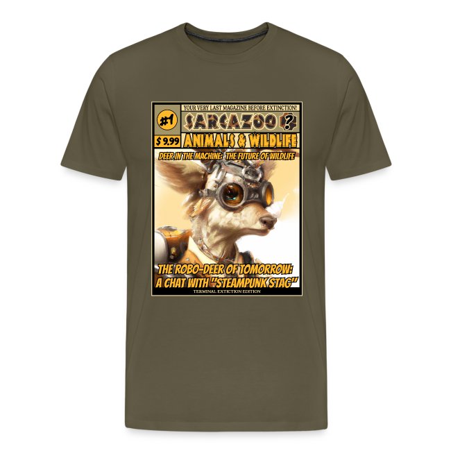 An olive-green T-shirt featuring a sci-fi magazine cover design with a steampunk-inspired robotic deer wearing goggles, titled "The Robo-Deer of Tomorrow."