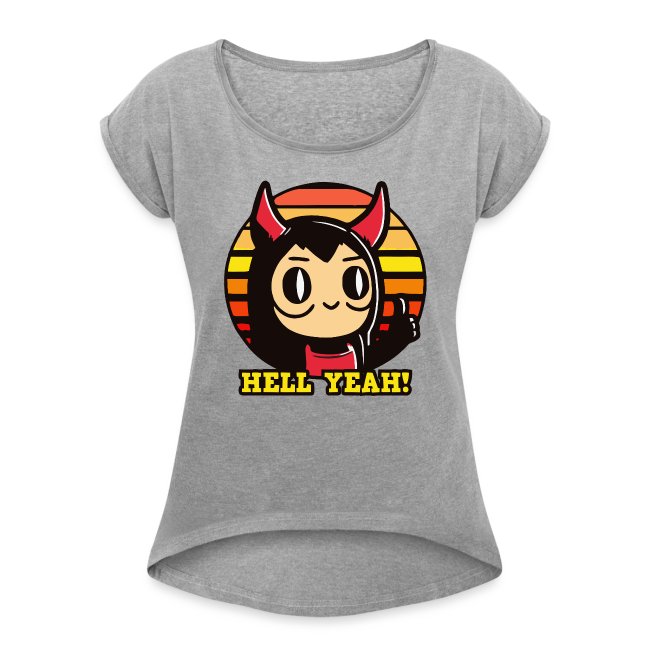 Gray women's t-shirt featuring a cartoon character with devil horns making a thumbs-up gesture, surrounded by a striped sunset background and bold 'HELL YEAH!' text.