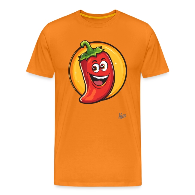 Orange t-shirt featuring a cartoon red chili pepper with large eyes and a wide grin against a yellow circular background, perfect for casual wear.
