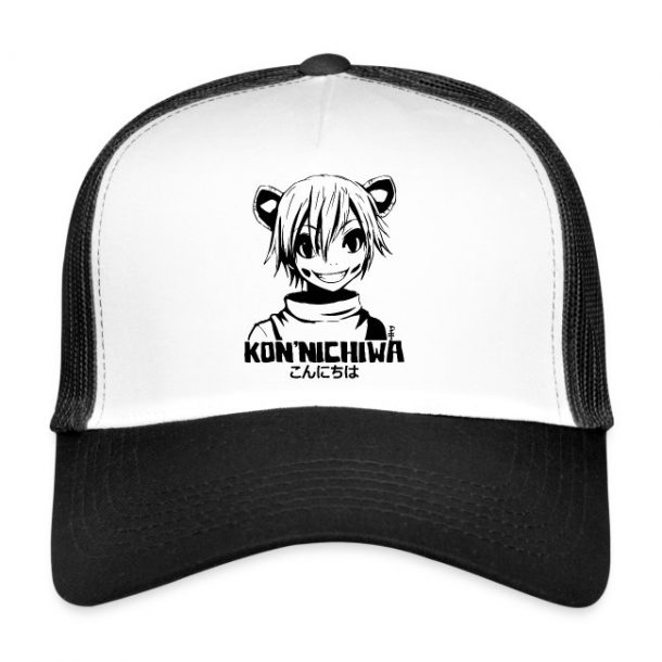 A black and white trucker hat featuring a monochrome anime-style character with cat ears, smiling mischievously, with the text "KON'NICHIWA" (こんにちは) below.