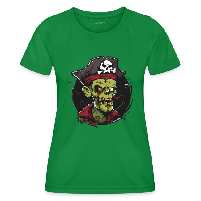 A vibrant green T-shirt featuring a cartoon pirate skull with green skin, a black pirate hat, and expressive features, perfect for bold graphic apparel enthusiasts.