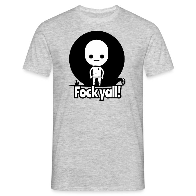 T-shirt design featuring a minimalist cartoon character with a sad expression in front of a large black circle, with the text 'Fockyall!' in bold lettering on light gray fabric.