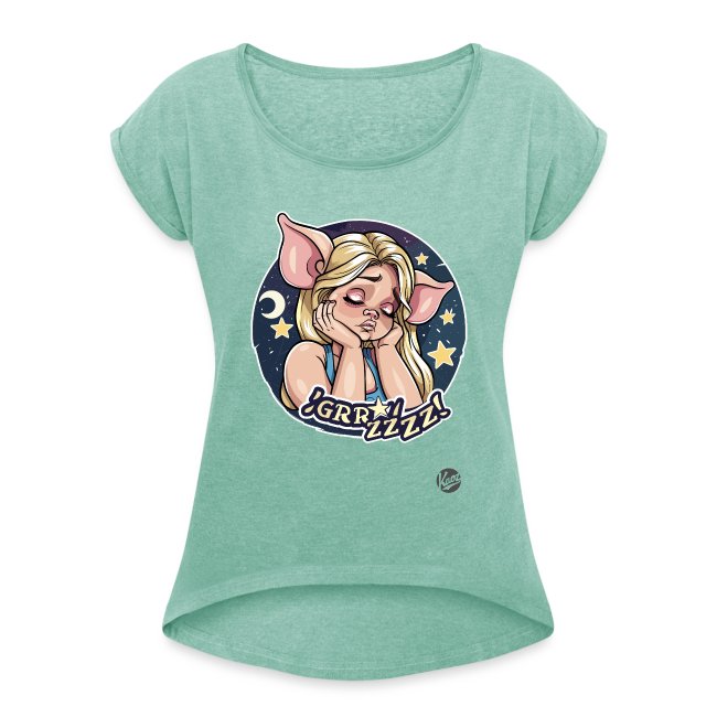 Mint green t-shirt featuring a cartoon character with long hair and pig-like ears, expressing annoyance amidst a whimsical background of stars and a crescent moon, with 'GRRZZZ' text