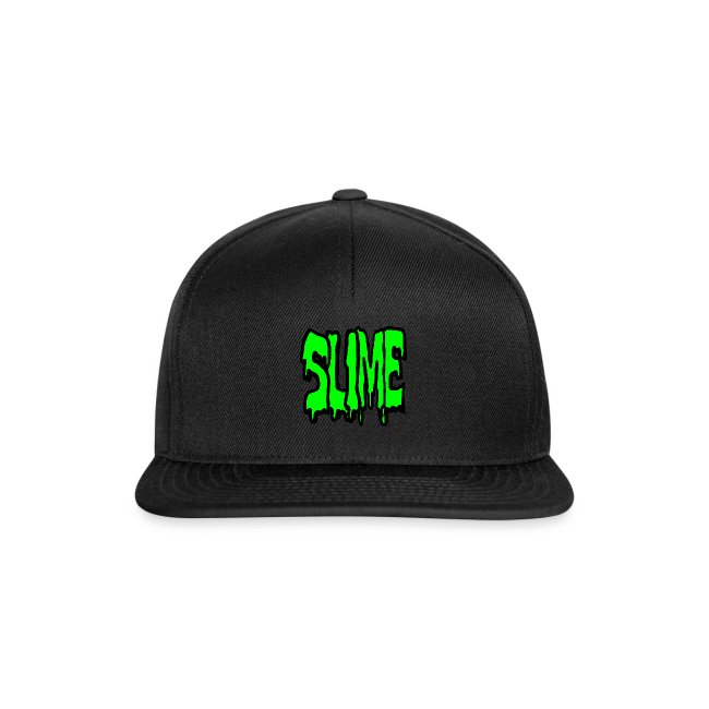 Black cap featuring a bold green dripping 'SLIME' graphic, perfect for casual wear and street fashion enthusiasts.