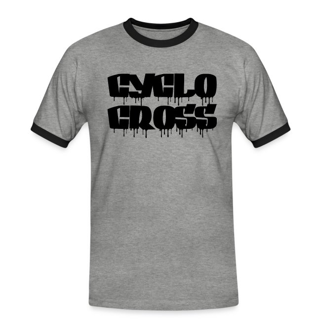 Gray t-shirt featuring bold black 'CYCLO CROSS' graphic design with dripping effect, perfect for cycling enthusiasts.