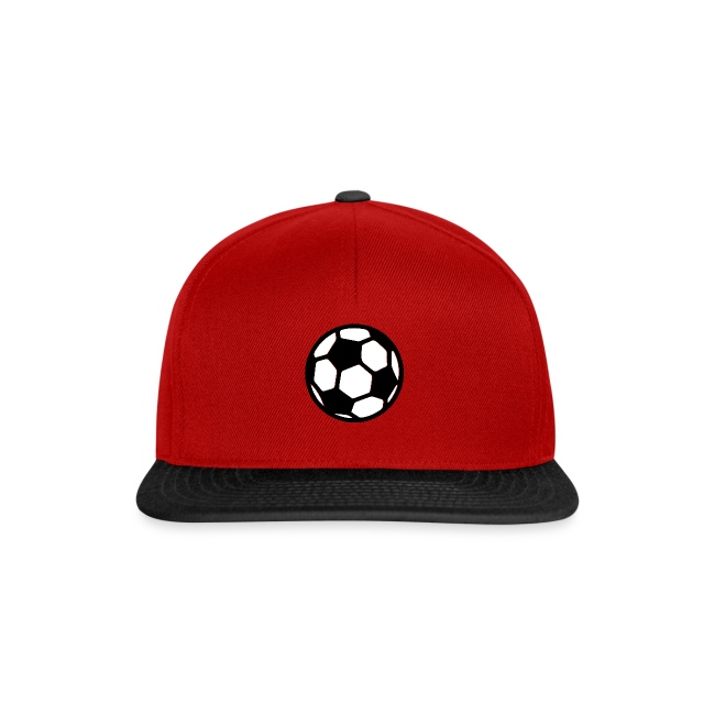 Vibrant red snapback cap featuring a classic black and white soccer ball graphic on the front, perfect for soccer enthusiasts.
