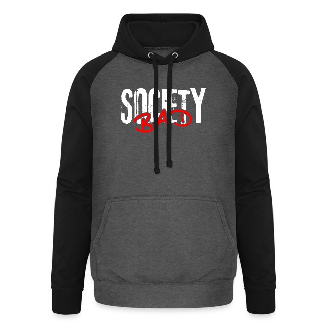 Gray hooded sweatshirt featuring black raglan sleeves and a white 'SOCIAL' slogan with a red handwritten 'BAD' underneath, designed for casual wear with a kangaroo pocket and adjustable drawstrings.