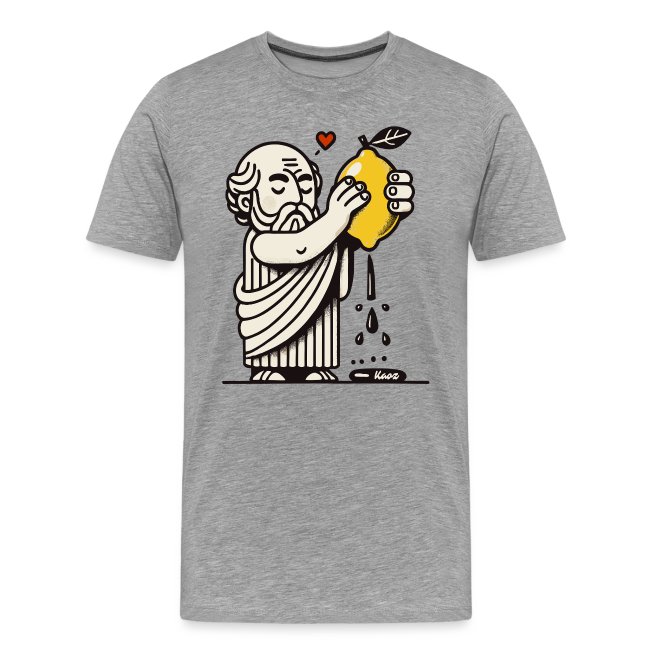 Socrates lemon t-shirt design:  Greek philosopher embracing a juicy lemon.