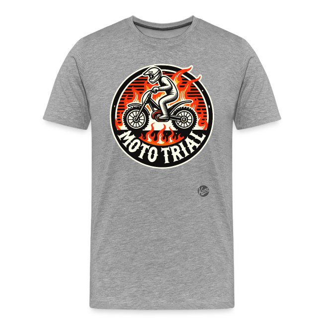 Gray T-shirt featuring a bold graphic of a motorcycle rider in action surrounded by stylized flames, with the text 'MOTO TRIAL' encircling the design.