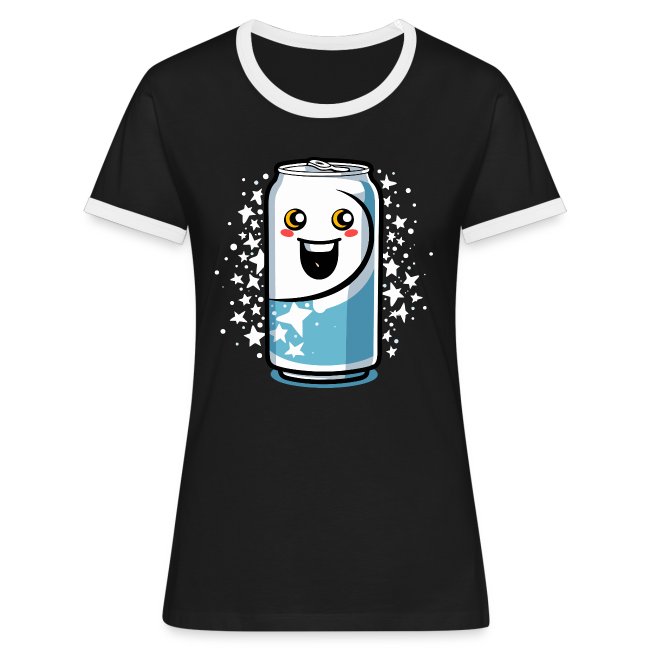A black ringer T-shirt featuring a cheerful cartoon energy drink can with bright eyes, rosy cheeks, and a sparkling starry background.