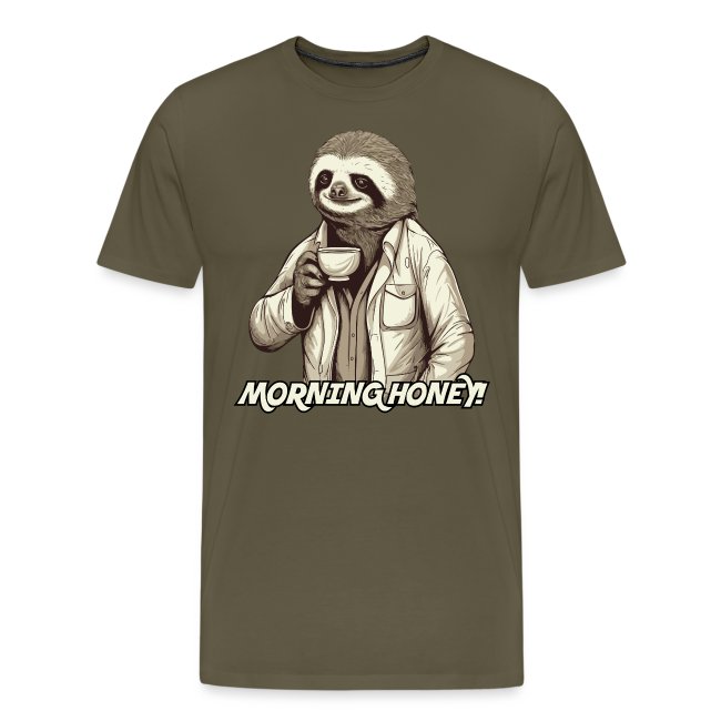 Illustration of a sloth in a white shirt holding a coffee cup, with 'MORNING HONEY!' text on an olive green T-shirt.