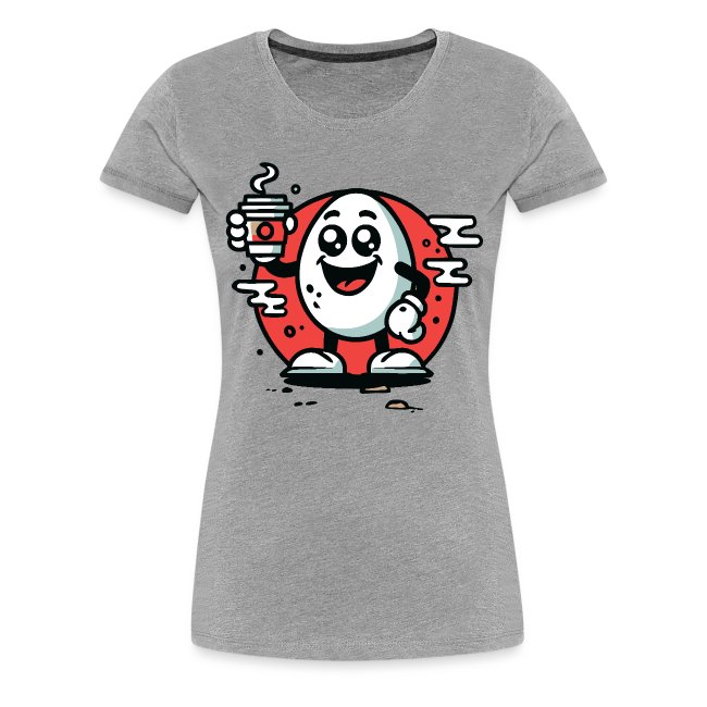 Gray short-sleeved t-shirt featuring a cheerful cartoon egg character holding a steaming cup against a bright red circular background.