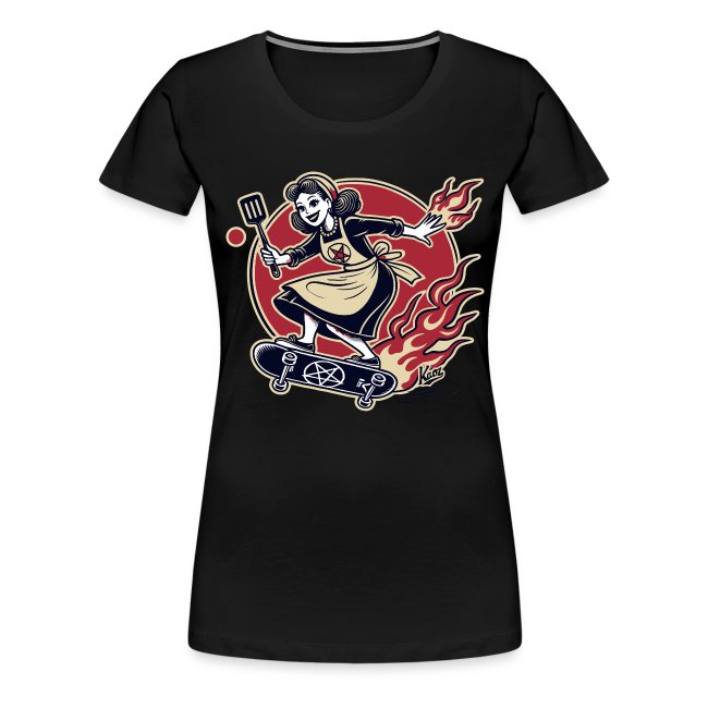 Black t-shirt with vibrant graphic depicting a cartoon girl in an apron skateboarding, holding a spatula, surrounded by stylized flames.
