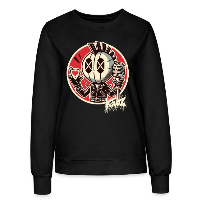 Black sweatshirt featuring a stylized character with a skull-like face, X's for eyes, wearing a leather jacket and holding a microphone, with a heart gesture, set against a red circular background.