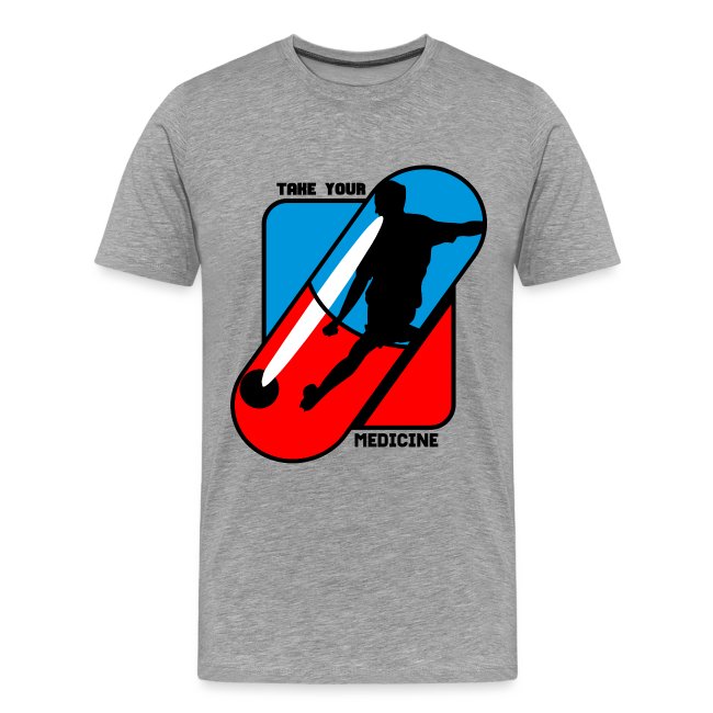 Gray t-shirt featuring a vibrant graphic design with a blue and red capsule and a silhouette of a person in motion, displaying the words 'TAKE YOUR MEDICINE'.
