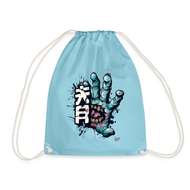 Artistic t-shirt design featuring a vibrant zombie hand breaking through a light blue background with colorful splatters and bold white lettering.