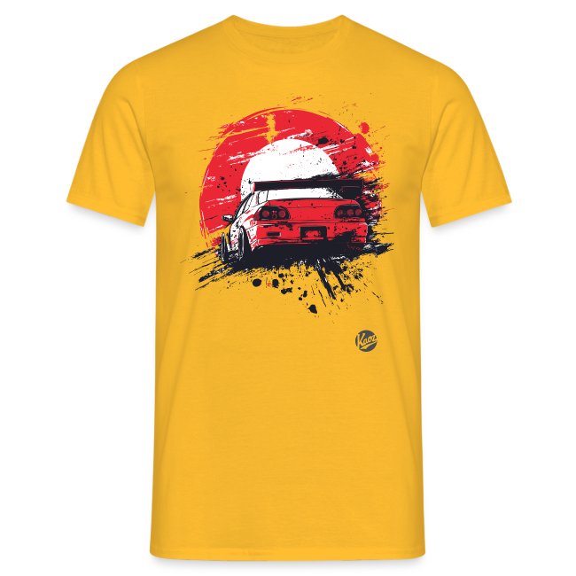 Vibrant yellow T-shirt featuring a dynamic graphic of a rear-view car against a bold red sun backdrop, showcasing artistic splashes and motion.