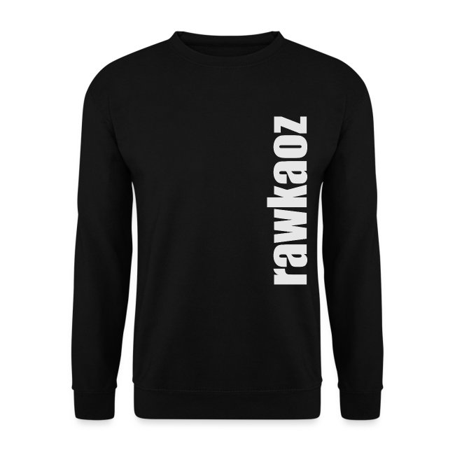 Black long-sleeved sweatshirt featuring vertical white text 'rawkaoz' on the left side in a minimalist design, perfect for casual or urban wear.