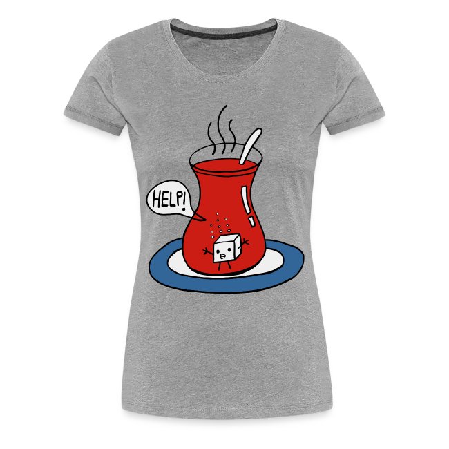Gray short-sleeve t-shirt featuring a humorous illustration of a red beverage in a glass teapot with steam and a distressed ice cube exclaiming 'HELP!' on a blue plate.