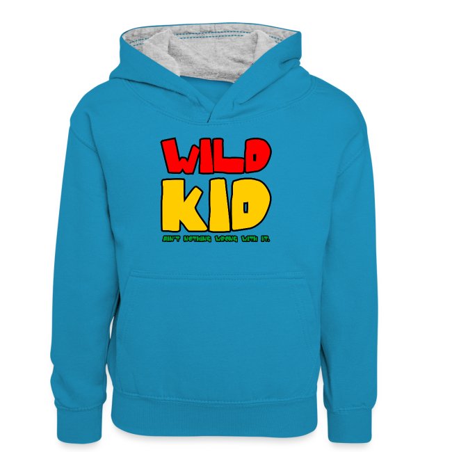 Turquoise hoodie featuring 'WILD KID' in bold red and yellow letters with a playful cartoonish design, perfect for trendy kids' casual wear.