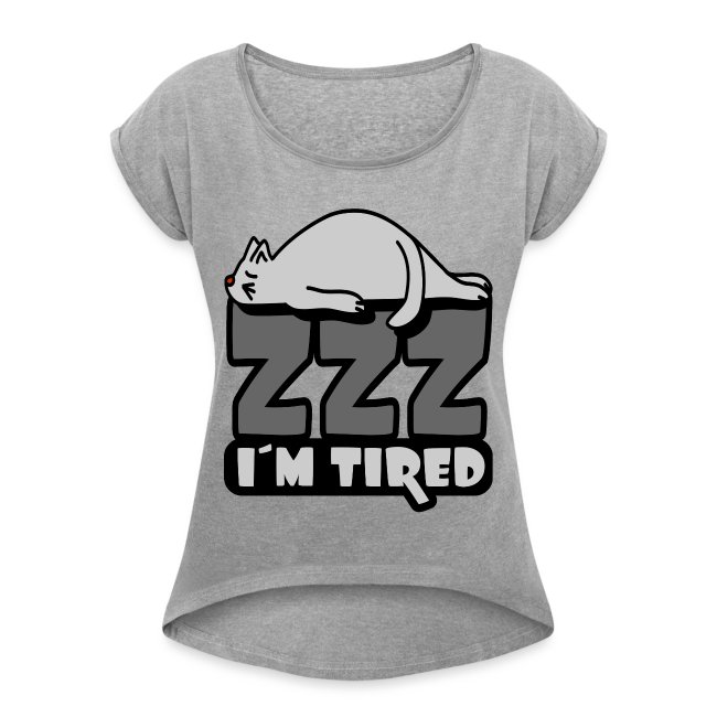 Stylish gray short-sleeve t-shirt featuring a cartoon cat and the text 'ZZZ I’M TIRED' in bold, playful lettering, perfect for cat lovers.