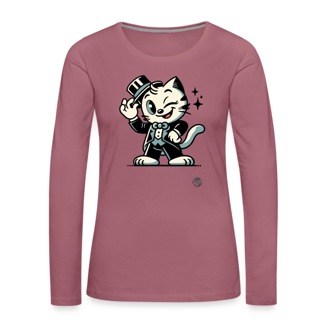 Long sleeve pink shirt featuring a cheerful cartoon cat in a tuxedo with a bow tie and top hat, surrounded by whimsical sparkles.