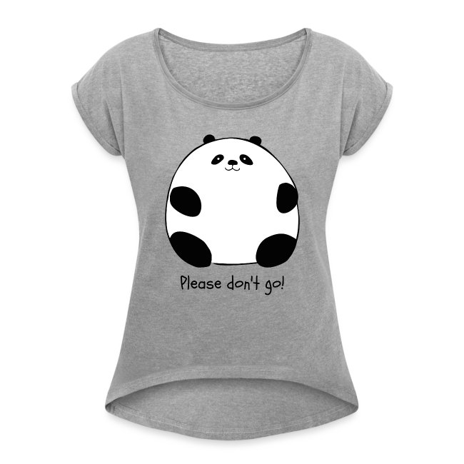 Gray T-shirt featuring a cute round panda design with the text 'Please don't go!' in playful font, perfect for casual wear and animal lovers.