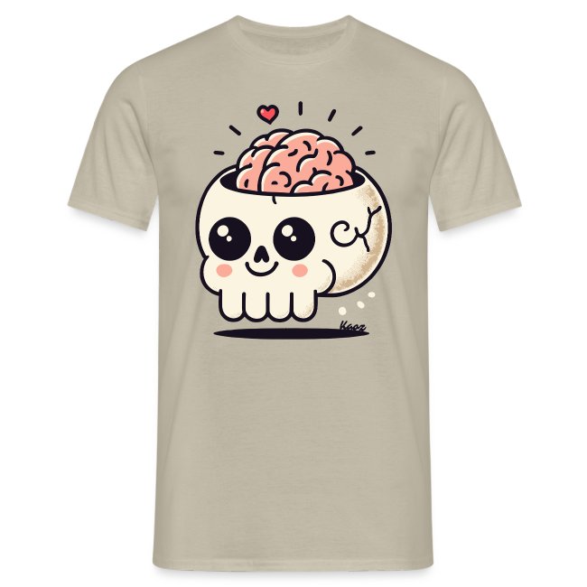 A quirky T-shirt design featuring a cartoonish skull with a smiling face, a pink brain, and animated sparkles, on a light beige background.