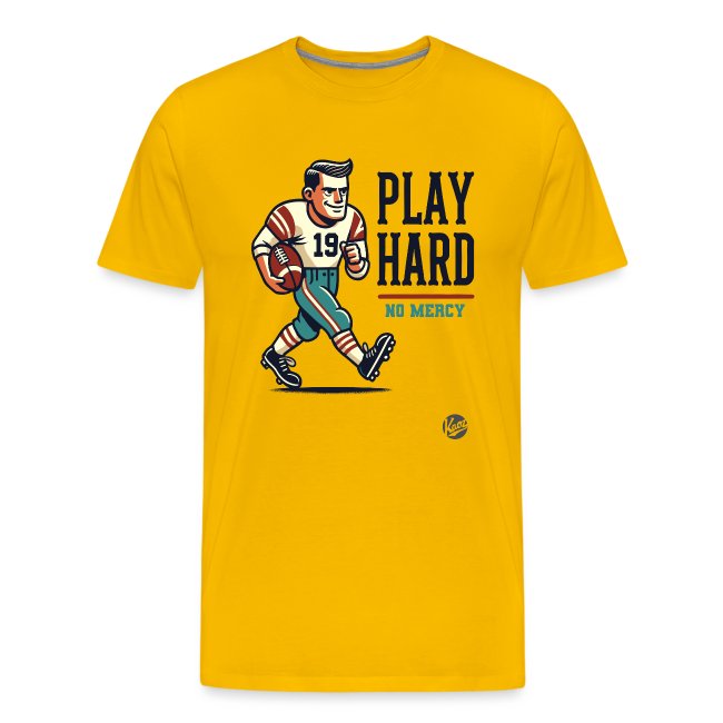 Bright yellow T-shirt featuring a cartoon football player wearing jersey number 19, holding a football with 'PLAY HARD' and 'NO MERCY' text.