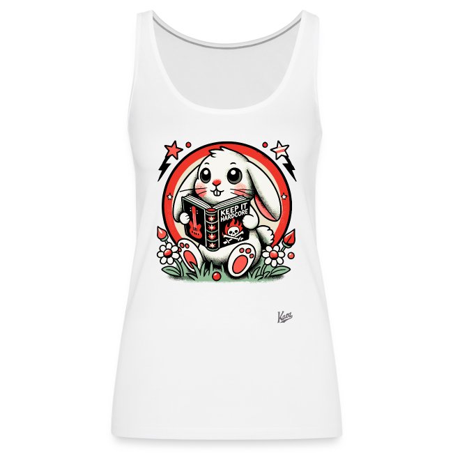 White tank top featuring a playful cute rabbit holding a book with 'KEEP IT HARDCORE' text, surrounded by colorful flowers, stars, and lightning bolts against a vibrant red circular border.